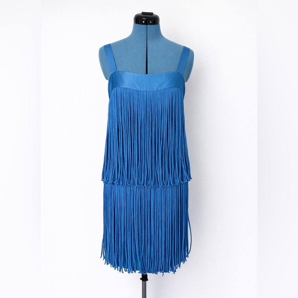 Fringed Blue Mini Dress with Square Neck and Wide Straps